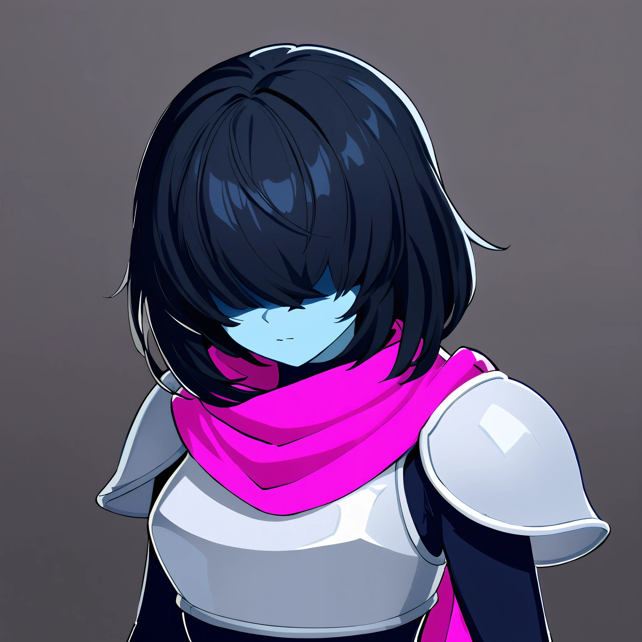 (darkkris, 1girl, solo, cowboy shot, portrait, upper body), blue skin, black bodysuit, (breasts:0.1, white breastplate, shoulder armor), pink scarf:0.3, (medium hair, black hair, shaded face, hair over eyes, no eyes)