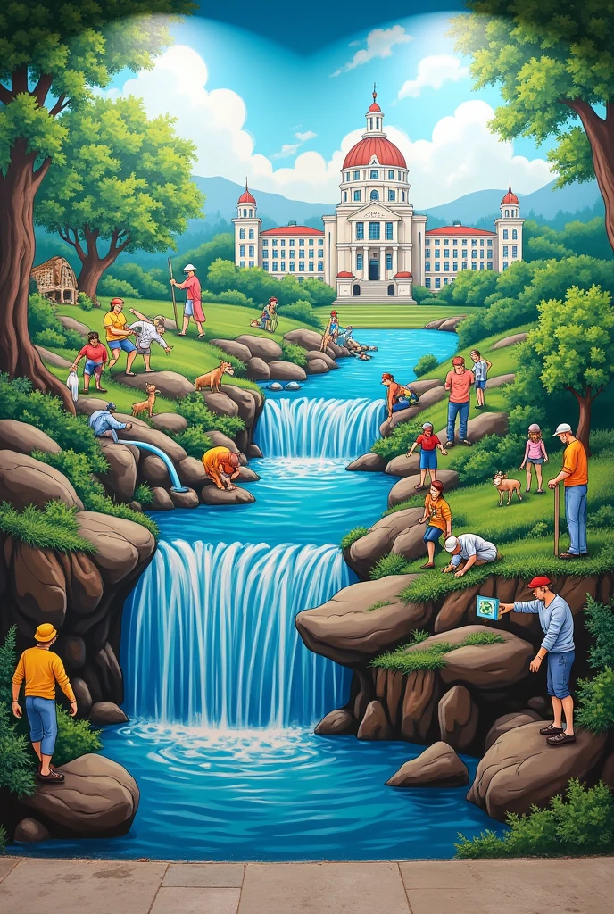 Please generate an image for me where a mural represents the care of public property., In addition to caring for the environment, it takes care of the water in parks, public sites or public services offered by the state.