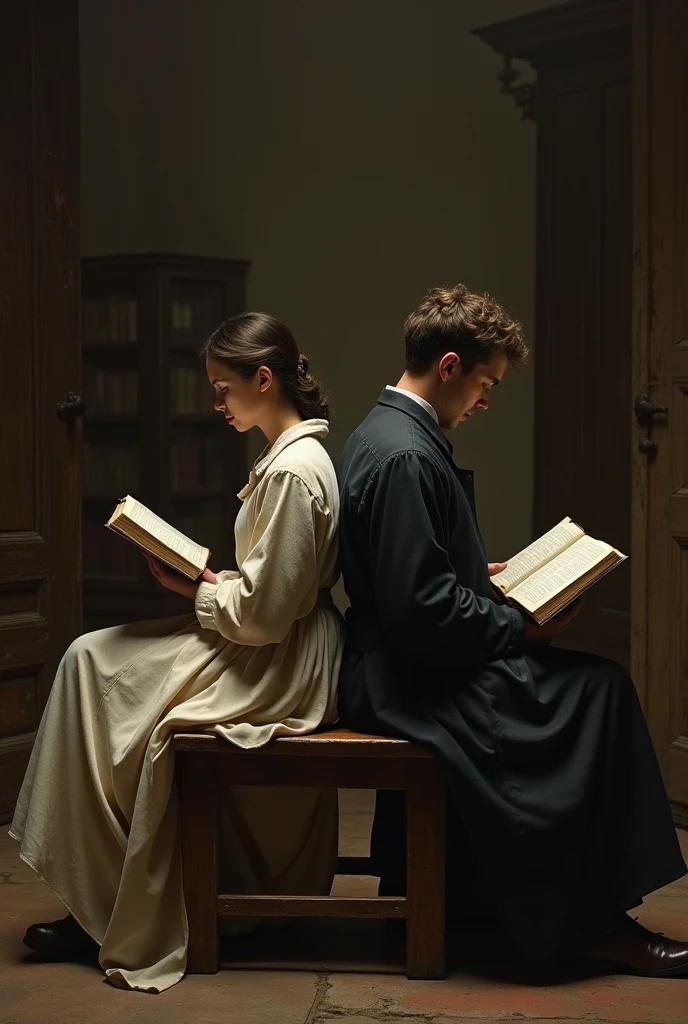 Make me a picture where you can see a couple reading the Bible while sitting down, back to back,that is to say, that they are turning their backs on each other, Please make the image as wide as possible