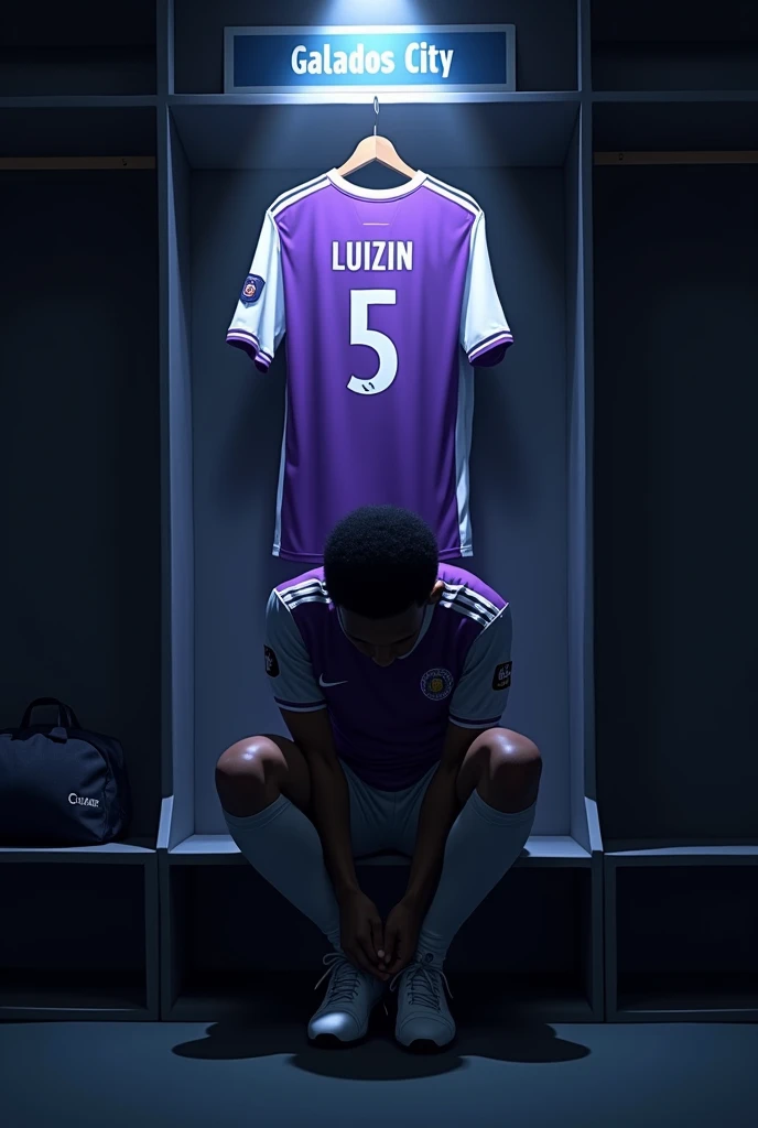 Make an image of ONE player tying his boots alone, with lights completely obscuring his face and him with short black hair, the locker room is dark and the spotlights are shining on him and the Galados City team, uniform in white and purple colors and I want you to put a shirt behind and on top of it with the number 5 and the name LUIZIN. Make your surroundings completely dark. LET HIM keep his head completely down and focused, and I just want 1 shirt behind him. put the team name “Galados City” on a sign above the shirt and below the spotlight. let him sit on a bench. put on just 1 shirt and that shirt will be above it, on a coat rack and below the sign “Galados City”. the shirt above him in purple and white. put the player on his back and looking at his shirt fully focused, make him with medium dark skin and black features and straight hair. PUT HIM SITTING FACING THE SHIRT AND LOOKING AT THE SHIRT ON THE HANGER and looking focused BUT STAY FACING THE SHIRT