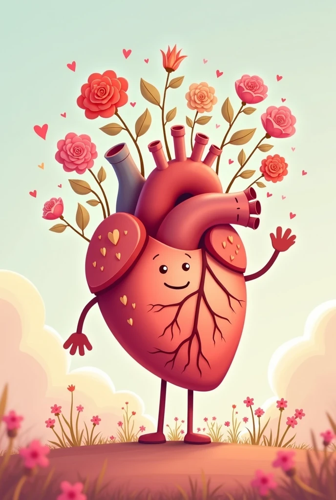 a cartoon human heart with flowers coming out of it