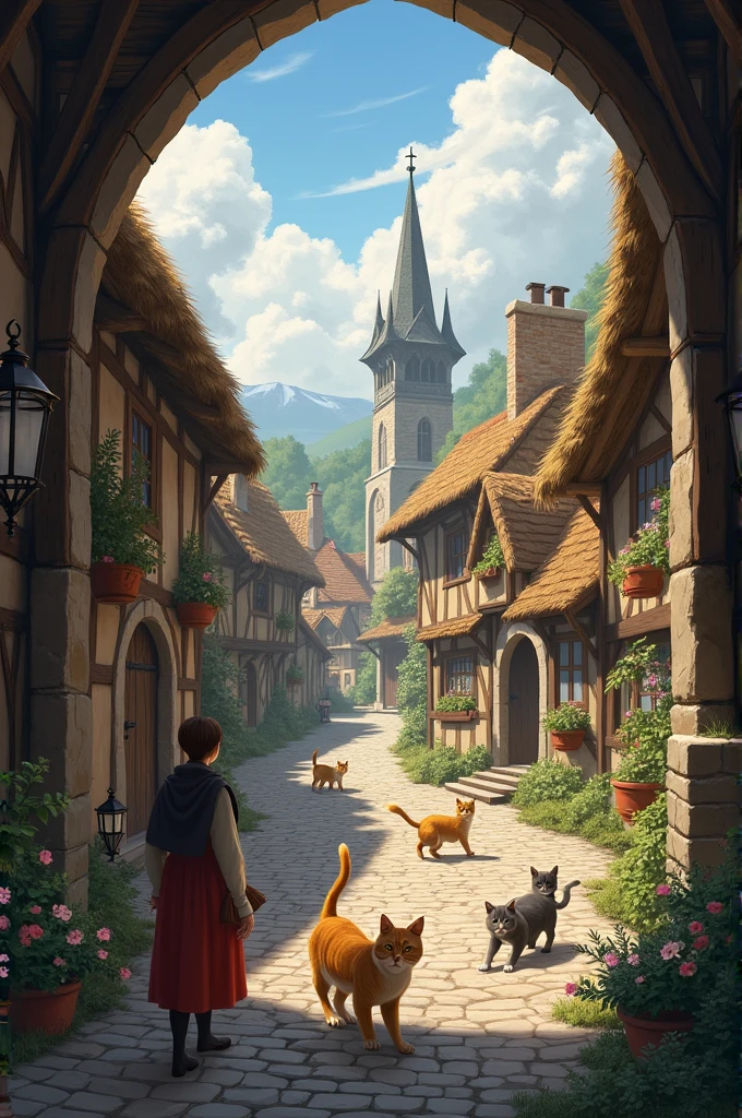 Cats in the Middle Ages in a village 