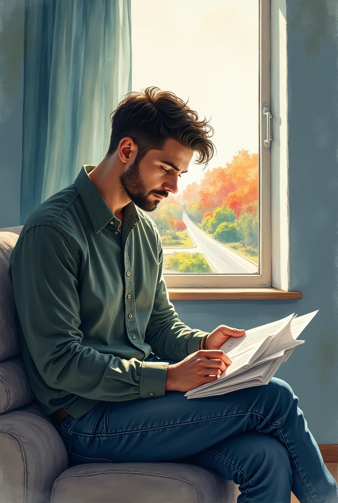 Watercolor art a man with a passport and identity document in his hands looking at the document, sitting in her room, thinking, in the background there is a window that allows you to see a road, a colorful image, watercolor art
