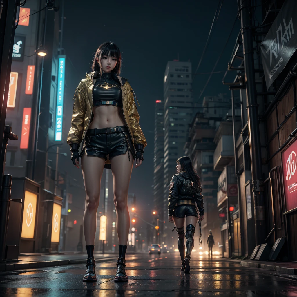 Boutique,best quality,Gold jewelry,(slip out feet),Fairy skin,(Fidelity :1.2),Standing,Super Detailed,realistic,High quality,Movie Light,Ray tracking,Ultra HD,Upper body, Girl in shorts and jacket standing next to giant robot, Guweiz style artwork, CyberPunk mech, Trends on CGSTATION, Guweiz, Russell Dongjun Lu, digital cyberpunk anime art, Ross Tran 8 K, Guweiz on ArtStation Pixiv, Girl in mecha network armor