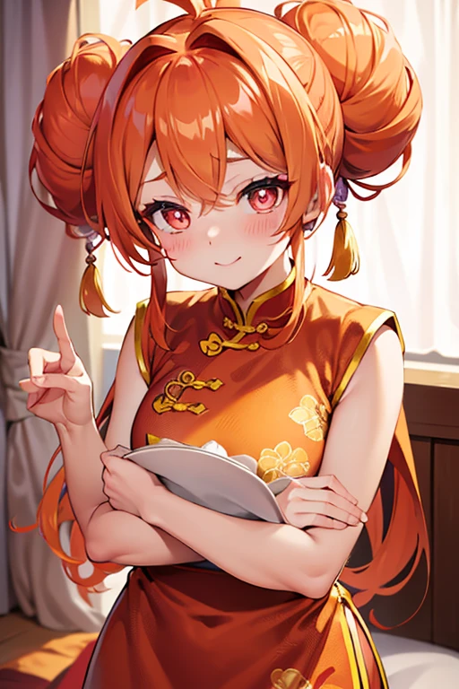 Kizi, pierce hair, curtained hair, hair bun, hair orange, big hair, medium hair, bow hair band, heart-shaped pupils, chinese dress, ssmile, blush, looking ahead at viewer 