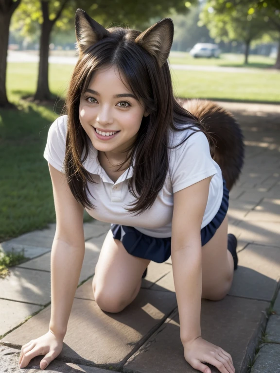 ((Highest quality, 8k)), ((masterpiece)), (Highest Resolution), Perfect Face, Fox Woman, Female college student, Beautiful woman, Outdoor, Only one tail, she has thick thighs, Her large tail, Her brown fox tail, She wags her tail, smile, Collar on Leash, She is wearing bloomers as part of her gym uniform., Plump Breasts, Beautiful Hips , Her fox tail sticks out from her bloomers, On all fours