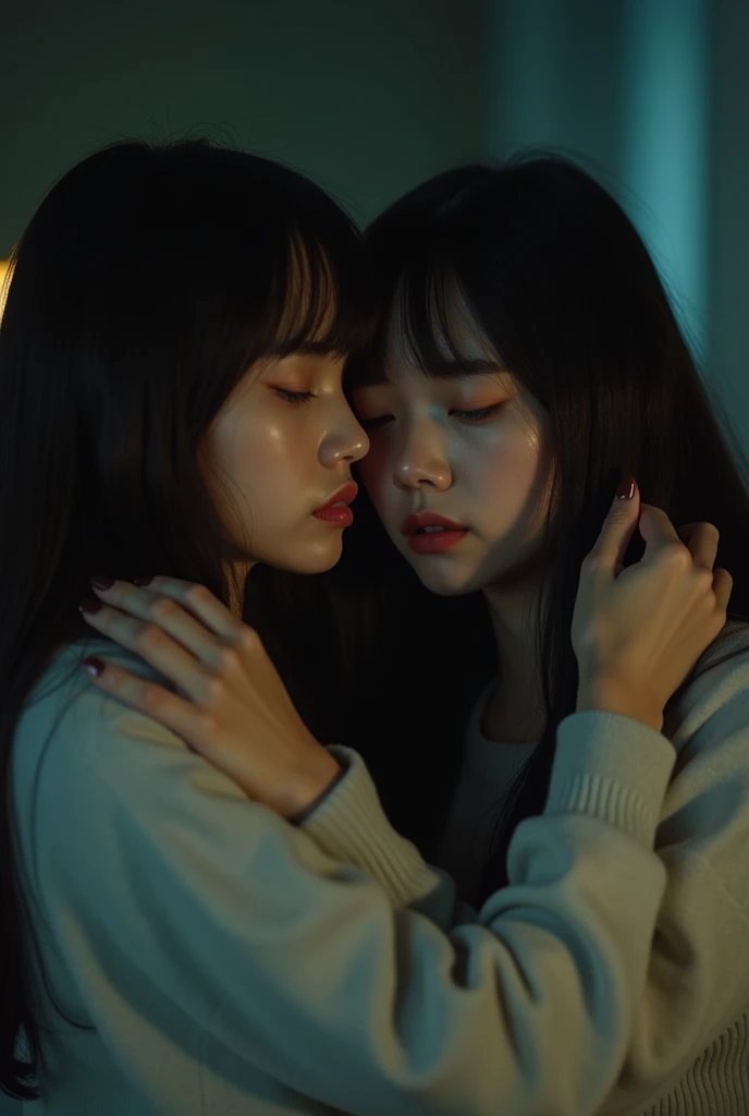 Identical twin sisters, , bangs, Crying face, Hug from behind。Accurate anatomy、(8k、uhd、Live Shooting、Highest quality、masterpiece:1.2)、Super detailed、Super Resolution、(Hyper Reality、)Super detailed、Super Resolution、(Real、Actual Photos:1.47)、（They are hugging each other.）Leaning closer、（Fantastic lighting）Hug me、Cinema lighting、White skin、Fair-skinned female proofreading、ultra HD、Stylish lighting、Beautiful female proofreader reflecting light、Amazing details、Highly detailed beautiful、Highly detailed face、Highly detailed eyes、Extremely realistic skin、 Highly detailed fingers, Highly detailed nose, Highly detailed mouth,

