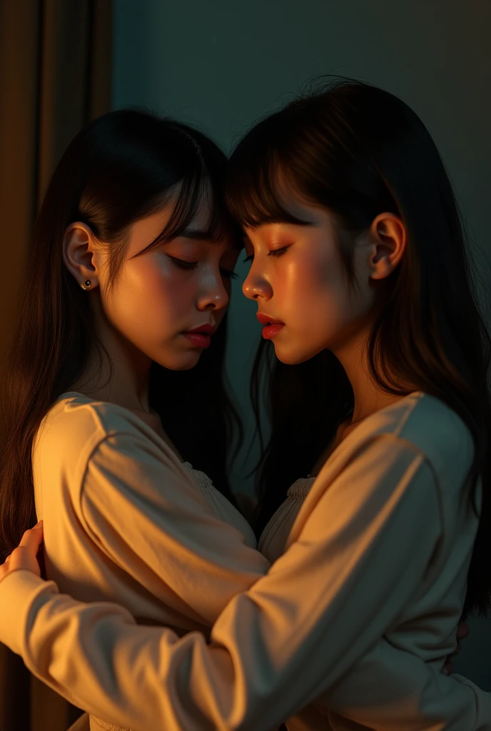 Identical twin sisters, , bangs, Crying face, Hug from behind。Accurate anatomy、(8k、uhd、Live Shooting、Highest quality、masterpiece:1.2)、Super detailed、Super Resolution、(Hyper Reality、)Super detailed、Super Resolution、(Real、Actual Photos:1.47)、(They are hugging each other.)Leaning closer、(Fantastic lighting)Hug me、Cinema lighting、White skin、Fair-skinned female proofreading、ultra HD、Stylish lighting、Beautiful female proofreader reflecting light、Amazing details、Highly detailed beautiful、Highly detailed face、Highly detailed eyes、Extremely realistic skin、 Highly detailed fingers, Highly detailed nose, Highly detailed mouth,