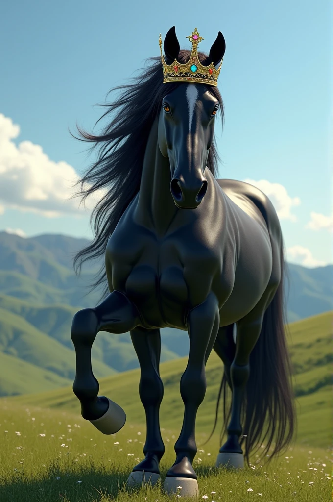 Black royal horse with crown on its head