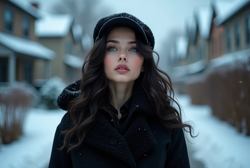 (masterpiece, hyperrealism, sharp images, photorealistic, best quality:1.5), (it only shows the back part of her) (Full body portrait, top view), (highly detailed face:1.5), (has white skin, highly detailed skin:1.8), (20 years old woman) (she has very black wavy hair) (breast size: 1.3), detailed hd beautiful dark green eyes, lips marked with pink lipstick, flirtatious look, big light green eyes, bold black eye shadows, huge eyelashes, (she is wearing stylish black coat for rain and snow, with cap, with sherpa lining) (has his eyes looking up at the sky, watching the snow fall) (she is walking on the sidewalk in a neighborhood of one-story houses) (everything is covered with snow) (background, it is already dark, there are black and blue clouds, it is snowing and it is cold). the perspective of her back, She is not looking at the camera