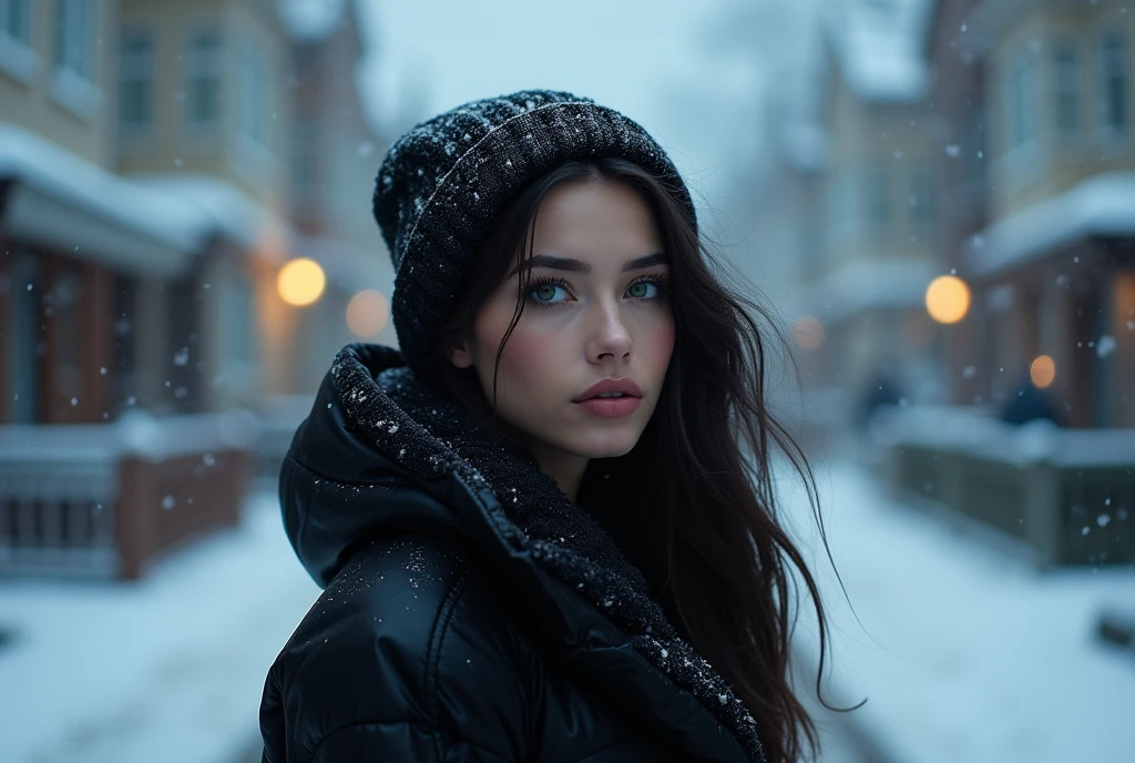 (masterpiece, hyperrealism, sharp images, photorealistic, best quality:1.5), (it only shows the back part of her) (Full body portrait, top view), (highly detailed face:1.5), (has white skin, highly detailed skin:1.8), (20 years old woman) (she has very black wavy hair) (breast size: 1.3), detailed hd beautiful dark green eyes, lips marked with pink lipstick, flirtatious look, big light green eyes, bold black eye shadows, huge eyelashes, (she is wearing stylish black coat for rain and snow, with cap, with sherpa lining) (has his eyes looking up at the sky, watching the snow fall) (she is walking on the sidewalk in a neighborhood of one-story houses) (everything is covered with snow) (background, it is already dark, there are black and blue clouds, it is snowing and it is cold). the perspective of her back, She is not looking at the camera