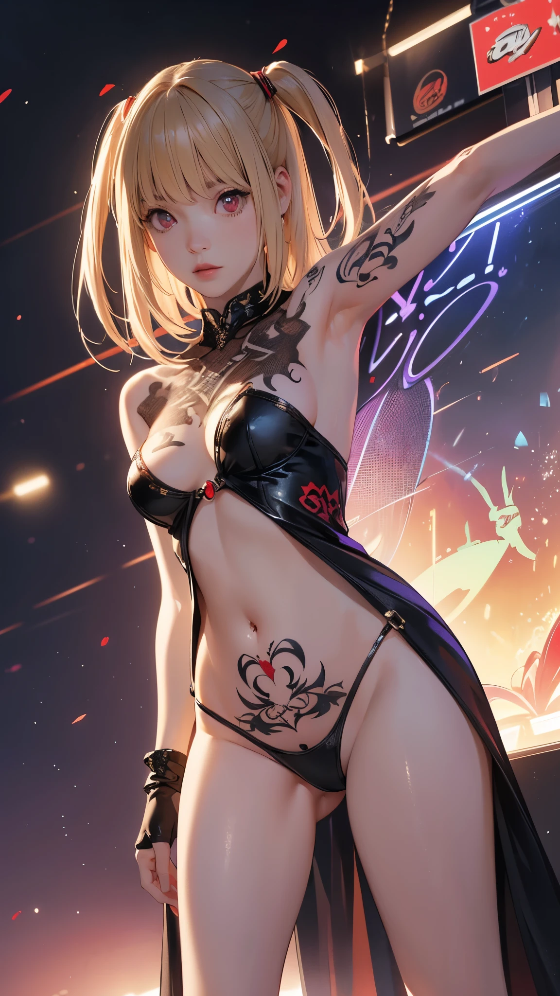 (best quality,highres:1.2),ultra-detailed,realistic,photorealistic:1.37,a beautiful girl (Misa Amane - Death Note) Anime Design) model in a fantasy style,1,long legs,medium breasts,extremely detailed face (with emphasis on red eyes).She is dressed in soft translucent fabric clothes, more than half of her body is naked. The clothes emphasize her sexuality,bent down, lifting her ass to the top,there is an artfully executed tattoo on the right thigh of her leg, the girl stands in this angle (showing everyone her tattoo),illustration,colorful pop art style,dynamic lighting,neon colors.Nsfw