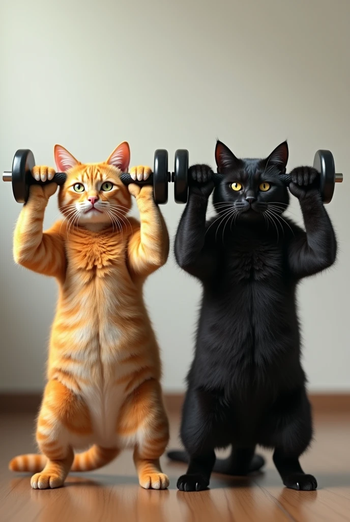A yellow cat and a black cat lifting exercise weights 