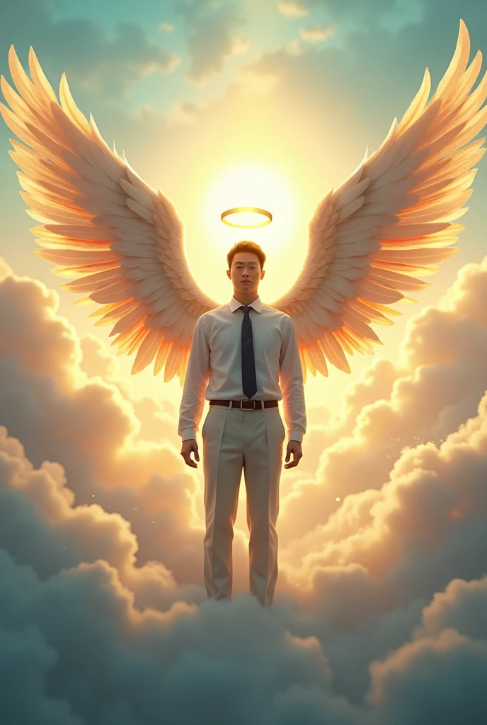 A Japanese businessman standing in a heavenly, serene place. He has six distinct angel wings in different colors, clearly separated across his back. A golden halo floats above his head, glowing softly. The environment is bright and ethereal, with soft clouds and warm light