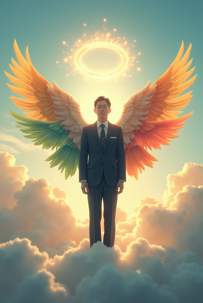 A Japanese businessman standing in a heavenly, serene place. He has six distinct angel wings in different colors, clearly separated across his back. A golden halo floats above his head, glowing softly. The environment is bright and ethereal, with soft clouds and warm light