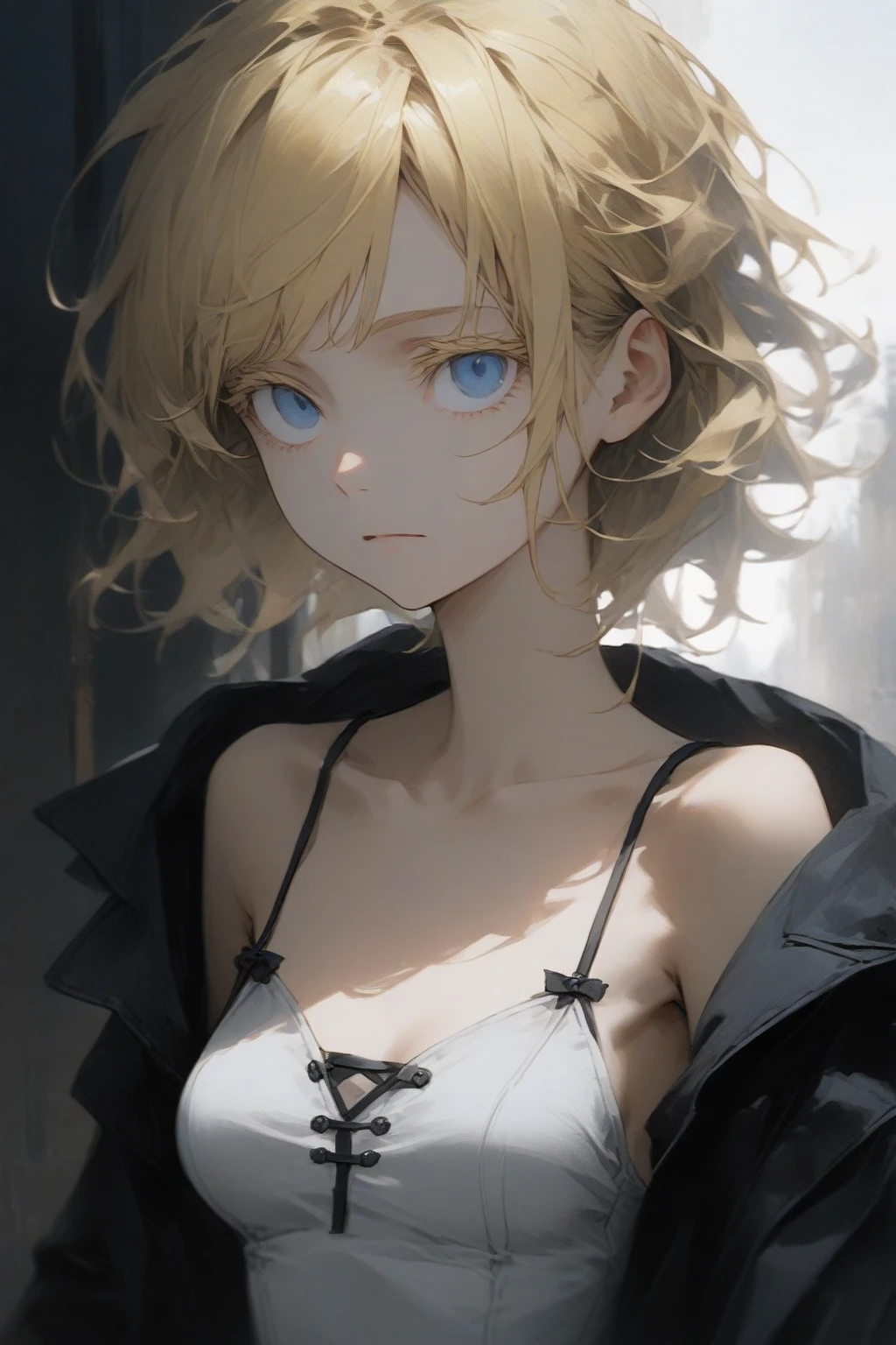 masterpiece, best quality, very aesthetic, absurdres,1girl,blonde hair,short hair,[disheveled hair],colored eyelashes,blonde eyelashes,blue eyes,(sharp eyes),(slanted eyes),choppy bangs,medium breasts,prostitute,brothel,clear face,expressionless,