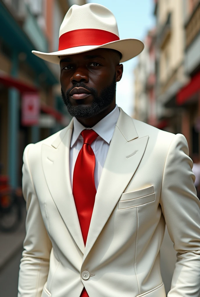 Your black-skinned Zé pilintra with his white suit and red tie on the streets of Rio de Janeiro with his white hat with a red stripe 