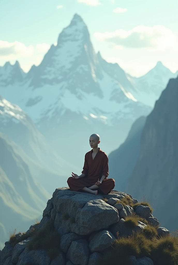 Raise a weak and young monk, he is meditating on a high mountain, he has an Aura around his body, the landscape is peaceful