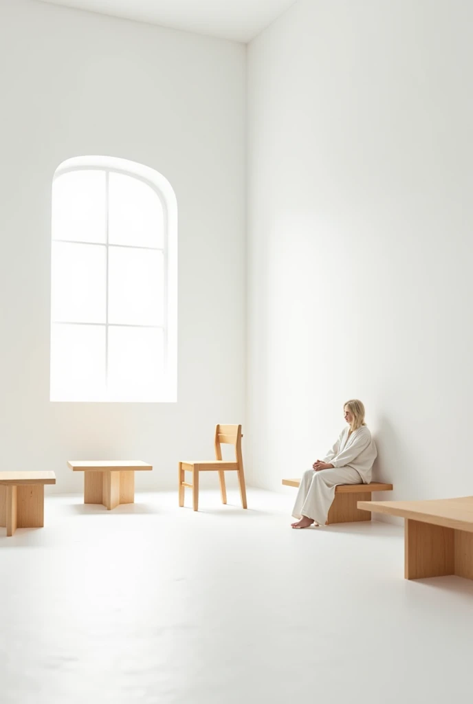 White room with lonely wooden furniture