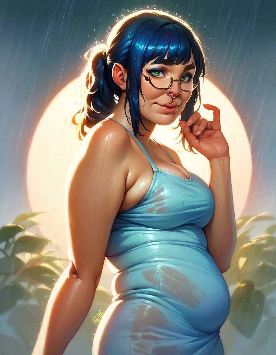 1girl, masterpiece, (chubby), ((dark eyeliner)), best quality, realistic face, black and blue hair with bangs and ponytail, large glasses, , , , green eyes, nose ring, chubby cheeks, long nose, low nose, high lips, dark eyebrows, ((trad blue and grey sundress)) thunderstorm background, ((raining)), ((golden hour lighting)), back porch background, big smile, w3t (full body picture) ((swollen and engorged breasts))
wet top, wet hair, t, breasts silhouette