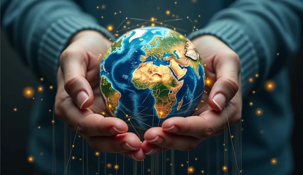 Hands with threads over the world realistic photo