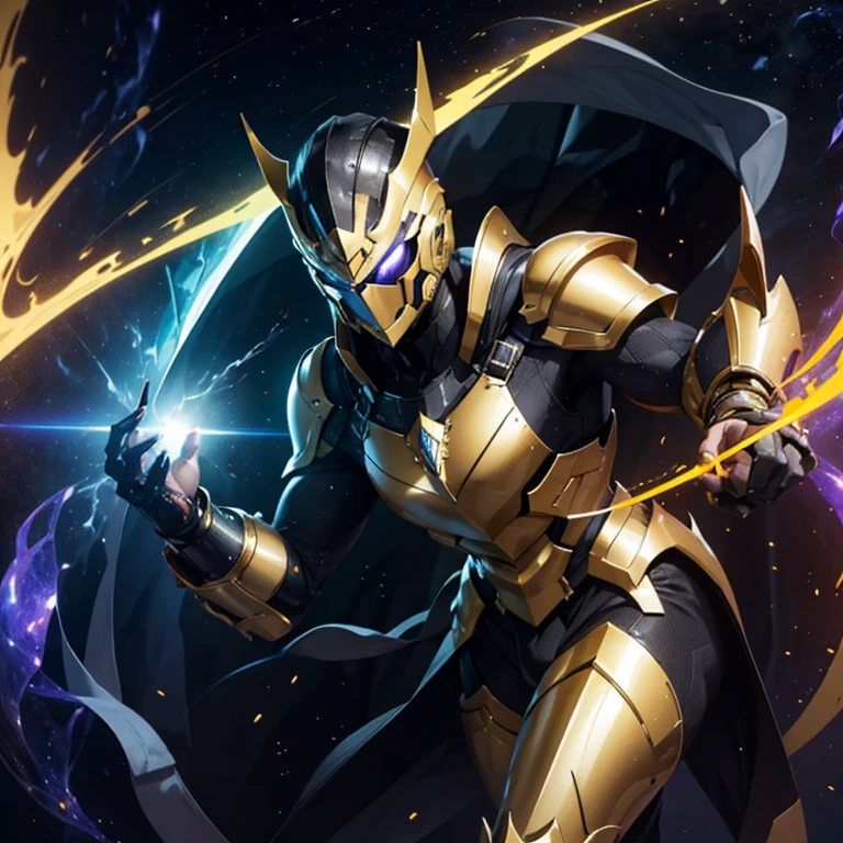É homem. The image presents a highly detailed and futuristic armor designed for a male warrior. The armor combines elements from different parts to create a cohesive and powerful look.
Helmet: The helmet features a sleek, aerodynamic design with a golden metallic finish. It has a central crest that rises upwards, and the visor glows with a bright blue light, giving it a high-tech, futuristic appearance.
Pauldrons (Shoulder Pads): The shoulder pads are large and wing-like, curving outward and upward, with a polished golden finish. These pads extend slightly beyond the shoulders and include a sleek, angular design, providing both a majestic and powerful look.
Chest Plate: The chest plate is intricately segmented, with a combination of gold and dark metallic blue. It has a gem-like crystal in the center that emits a soft, mystical glow. The design of the chest plate is both protective and regal, with sharp, angular lines that add to the overall futuristic aesthetic.
Arm Guards: The arm guards are sleek and streamlined, with articulated golden and purple segments that offer flexibility and protection. The design of the gauntlets is both robust and elegant, incorporating futuristic elements that blend with the classic style.
Leg Armor: The legs are armored with segmented plates that are primarily gold and purple. The boots are angular and sturdy, with a design that conveys both strength and agility. The overall look of the leg armor is grounded yet sleek, completing the ensemble with a powerful stance.
The background of the image is a dark cosmic scene, filled with distant stars and nebulae that highlight the polished surfaces of the armor. Dynamic lighting is used to emphasize the key features, particularly the glowing visor and central chest gem, reinforcing the mystical and imposing nature of the warrior.