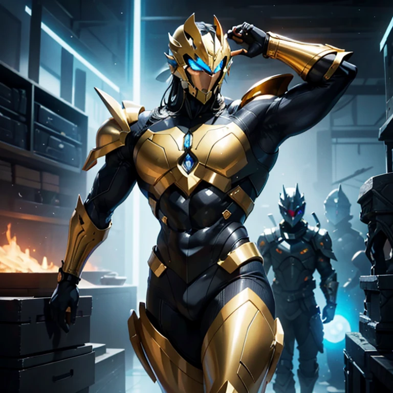 É homem. The image presents a highly detailed and futuristic armor designed for a male warrior. The armor combines elements from different parts to create a cohesive and powerful look.
Helmet: The helmet features a sleek, aerodynamic design with a golden metallic finish. It has a central crest that rises upwards, and the visor glows with a bright blue light, giving it a high-tech, futuristic appearance.
Pauldrons (Shoulder Pads): The shoulder pads are large and wing-like, curving outward and upward, with a polished golden finish. These pads extend slightly beyond the shoulders and include a sleek, angular design, providing both a majestic and powerful look.
Chest Plate: The chest plate is intricately segmented, with a combination of gold and dark metallic blue. It has a gem-like crystal in the center that emits a soft, mystical glow. The design of the chest plate is both protective and regal, with sharp, angular lines that add to the overall futuristic aesthetic.
Arm Guards: The arm guards are sleek and streamlined, with articulated golden and purple segments that offer flexibility and protection. The design of the gauntlets is both robust and elegant, incorporating futuristic elements that blend with the classic style.
Leg Armor: The legs are armored with segmented plates that are primarily gold and purple. The boots are angular and sturdy, with a design that conveys both strength and agility. The overall look of the leg armor is grounded yet sleek, completing the ensemble with a powerful stance.
The background of the image is a dark cosmic scene, filled with distant stars and nebulae that highlight the polished surfaces of the armor. Dynamic lighting is used to emphasize the key features, particularly the glowing visor and central chest gem, reinforcing the mystical and imposing nature of the warrior.