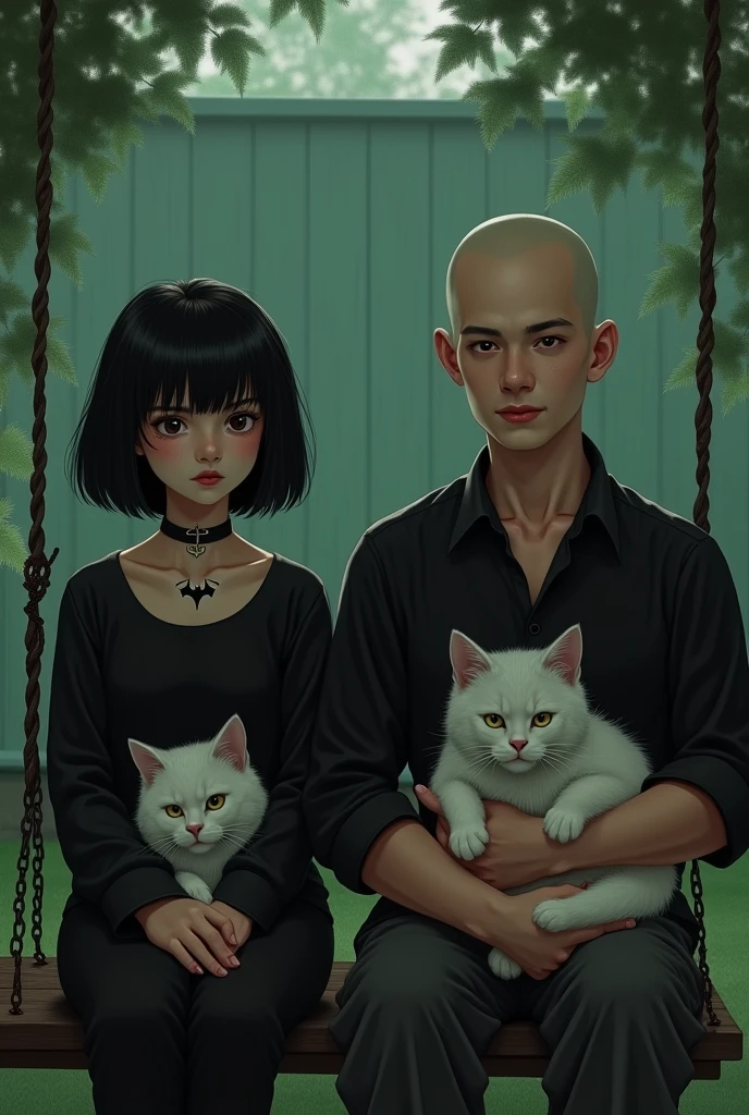 A young girl dressed in black, short black hair with a bat tattoo on her neck sitting on a swing in a backyard next to a handsome young bald man and a frajola cat on her lap, another cat frajola on his lap