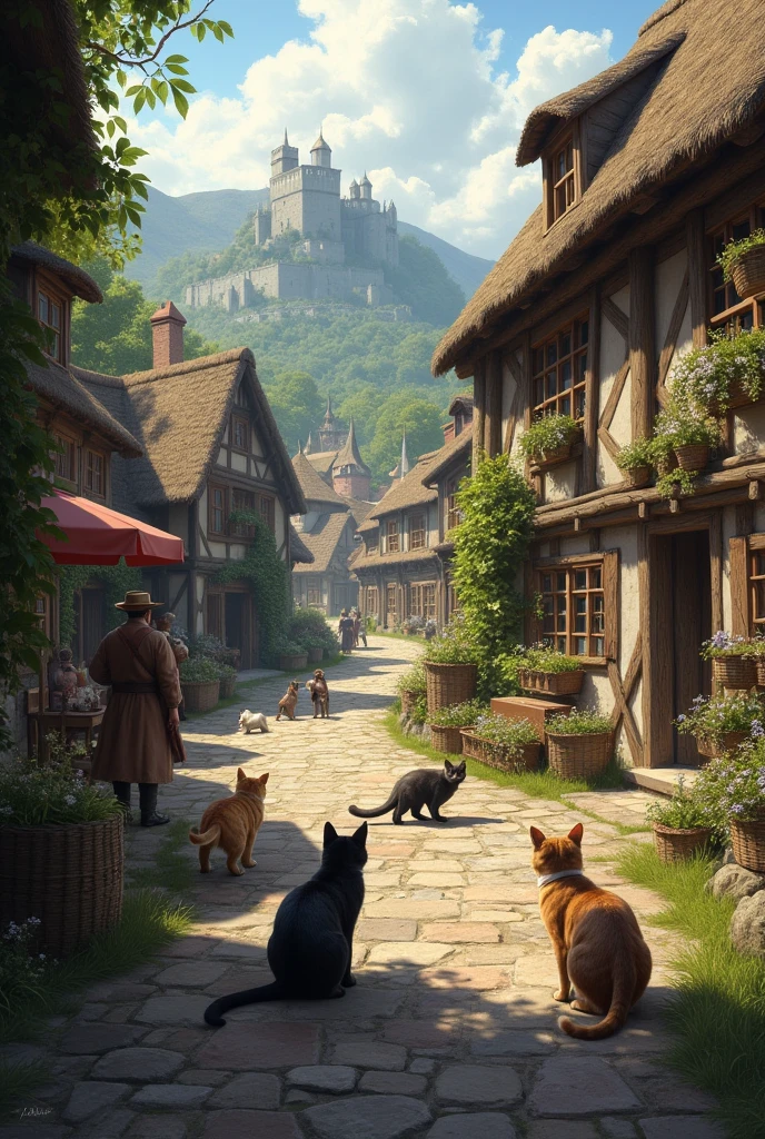 Cats in the Middle Ages in a realistic village