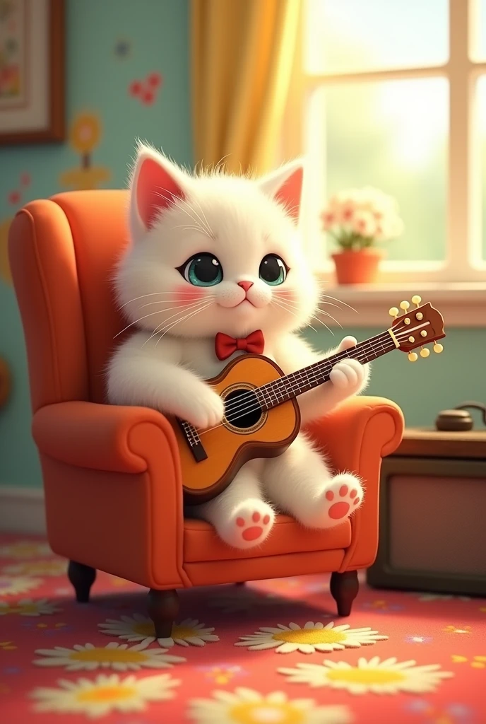 Cute cat sitting on a chair playing guitar, for children