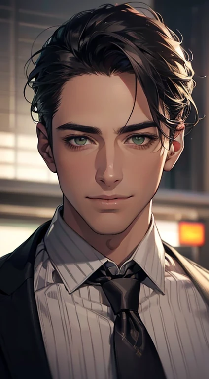 (Highest quality,4K,8K,High resolution,masterpiece:1.2),Super detailed,(Realistic,photoRealistic,photo-Realistic:1.37),1 personld,Mature Men,Beautiful skin、very handsome,Expressionless smile in love,Short gray black hair,green eyes,Sharp Eyes,A perfect face without a doubt,Businessman, CEO, Office Background,Cinema Lighting,HDR image,tie、