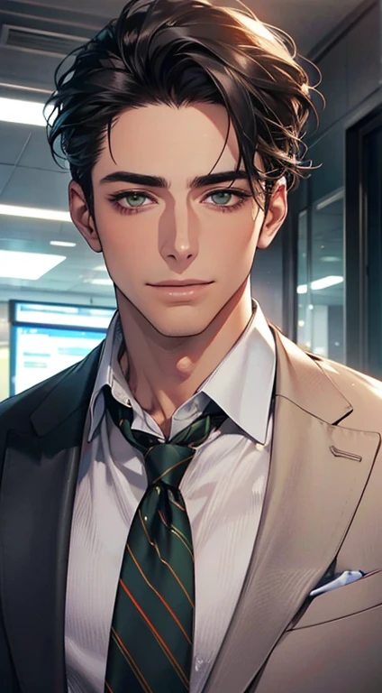 (Highest quality,4K,8K,High resolution,masterpiece:1.2),Super detailed,(Realistic,photoRealistic,photo-Realistic:1.37),1 personld,Mature Men,Beautiful skin、very handsome,Expressionless smile in love,Short gray black hair,green eyes,Sharp Eyes,A perfect face without a doubt,Businessman, CEO, Office Background,Cinema Lighting,HDR image,tie、