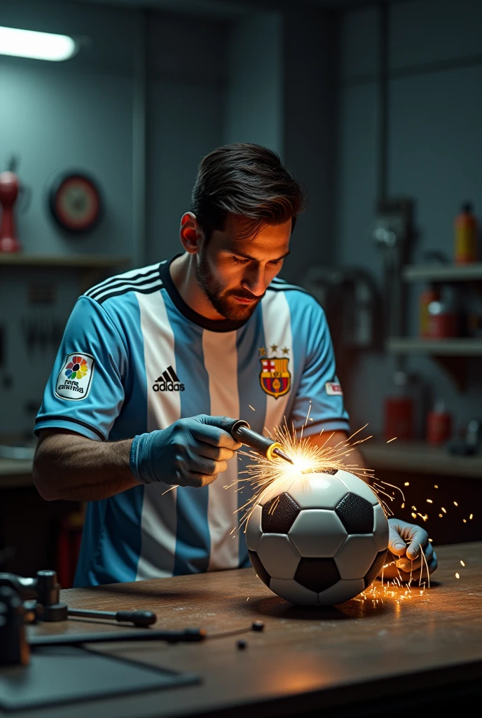 Messi welding a soccer ball with coated solder

