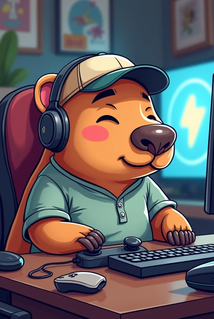 cartoon capybara with mustache playing video game in t-shirt, cap and headphones