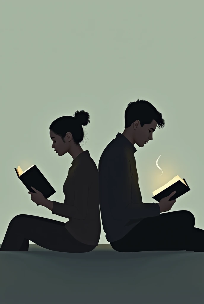 Make me a picture where you can see a couple reading the Bible while sitting down, back to back,that is to say, that they are turning their backs on each other,  Please make the image as wide as possible, If you want to separate them a little so that the image is much wider 