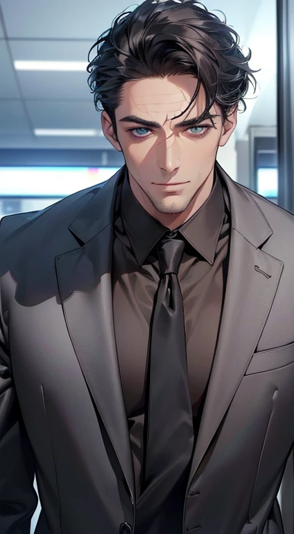 (best quality,4k,8k,highres,masterpiece:1.2),ultra-detailed,(realistic,photorealistic,photo-realistic:1.37),1 man,3,mature man,very handsome,without expression,smile,short grey black hair,blue eyes,penetrating gaze,perfect face without errors,imposing posture,businessman,office background,cinematic lighting,hdr image