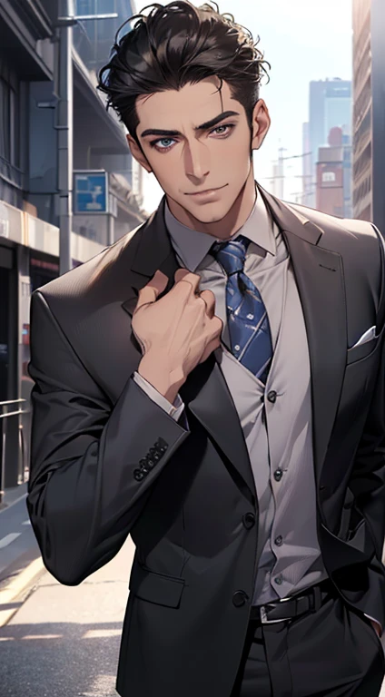 (best quality,4k,8k,highres,masterpiece:1.2),ultra-detailed,(realistic,photorealistic,photo-realistic:1.37),1 man,3,mature man,very handsome,without expression,smile,short grey black hair,blue eyes,penetrating gaze,perfect face without errors,imposing posture,businessman,office background,cinematic lighting,hdr image