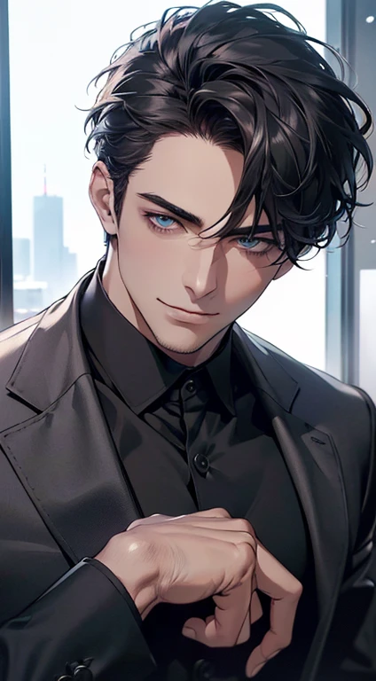 (best quality,4k,8k,highres,masterpiece:1.2),ultra-detailed,(realistic,photorealistic,photo-realistic:1.37),1 man,3,mature man,very handsome,without expression,smile,short grey black hair,blue eyes,penetrating gaze,perfect face without errors,imposing posture,businessman,office background,cinematic lighting,hdr image