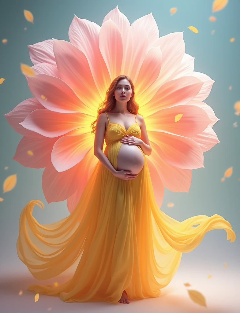 pregnant woman in yellow dress standing in a large flower, digital art inspired by Igor Kieryluk, trending on cg society, digital art, maternal photography 4 k, perky woman made of petals, pregnant belly, stunning elegant pose, flower goddess, lady with glowing flowers dress, maternity feeling, dressed in a flower dress, photo manipulation, beautiful and graceful, pregnant, leaf flowing in air
