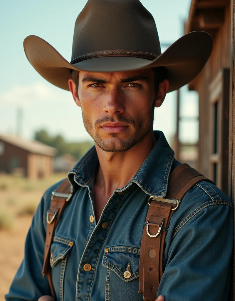 cinematic portrait, ((upper-body)), face facing audience, (Reality :1.3), The most beautiful photo in the world, Young guy looking at the camera, Vintage denim outfits, Cowboy Western, detailed beautiful face, action shot, (Intricate :1.4), Western Background, The photo is realistic, during daytime, computer graphics, Art Stand