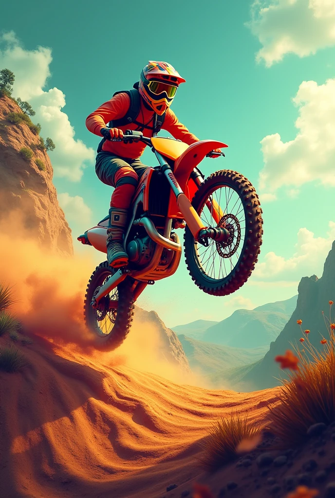 Create a vibrant and dynamic image for a TikTok channel dedicated to motocross and trails. The image must capture the excitement and adventure of motocross in a trail environment.. Include a motorcyclist in action, jumping or performing impressive maneuvers on a dirt track or winding trail. The background should show an off-road landscape with vegetation, mountains or hills, and dust being kicked up to give a sense of speed and energy. Add motocross related graphics, like helmets, wheels, or tracks.
Furthermore, create a logo that represents the channel's theme. The logo should incorporate iconic motocross elements, like a stylized motorcycle, a moving wheel or a helmet. Use a modern, bold design with vibrant colors, as orange, rot, or green, to reflect adrenaline and adventure. The logo must be clear and recognizable in small and large sizes., with the text 'Adventure on Two Wheels' integrated harmoniously. The image and logo should work together to create a cohesive and attractive visual identity for the channel..
