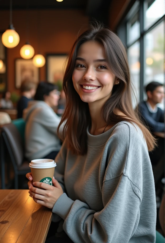 Gorgeous 20 year old girl, with straight hair, Poil long, brown-hair, Brown eyes, métis, generous chest, tenant dans sa main café, dans un starbucks, realistic, smiling, habillé avec un sweat oversize gris, espagnole, with other people, assise, photos taken from the side