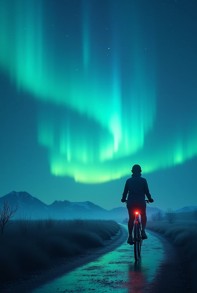 Walking along an aurora path with a bicycle . 