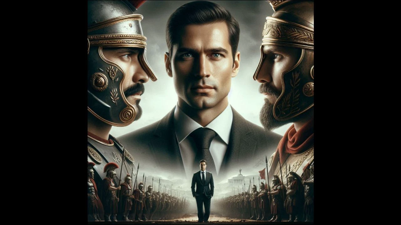 A realistic epic thriller cover with two Roman generals at each end of the image, with a cinematic look. Only their heads are visible, and they gaze firmly at each other. The general on the right wears an authentic Roman helmet, and the general on the left is equally detailed in Roman style. In the center, a well-dressed businessman is presented with depth, set apart from the generals. The background should depict a realistic war scene, with meticulous details and a sense of intensity and tension. Use cinematic visual effects, such as refined textures and vibrant colors, to highlight the characters and environment. Include realistic volumetric light, subtle auras, and rays for a striking and authentic visual impact. Avoid: Non-realistic drawing or illustration style. Fantasy elements or exaggerated effects that compromise the cinematic and realistic appearance. Flat or shiny textures that appear artificial. Saturated or exaggerated colors that do not reflect a realistic war environment. Any element that seems out of context or creates a sense of unreality. Non-natural or exaggerated light sources that detract from the cinematic effect.