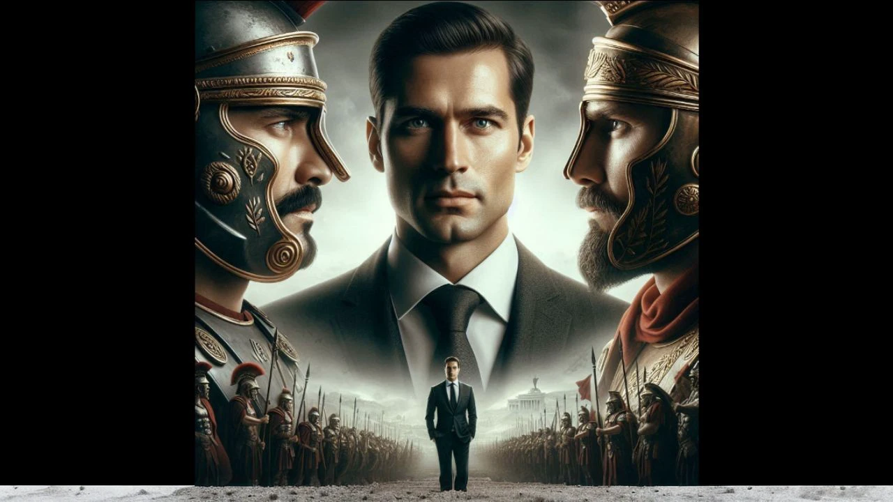 A realistic epic thriller cover with two Roman generals at each end of the image, with a cinematic look. Only their heads are visible, and they gaze firmly at each other. The general on the right wears an authentic Roman helmet, and the general on the left is equally detailed in Roman style. In the center, a well-dressed businessman is presented with depth, set apart from the generals. The background should depict a realistic war scene, with meticulous details and a sense of intensity and tension. Use cinematic visual effects, such as refined textures and vibrant colors, to highlight the characters and environment. Include realistic volumetric light, subtle auras, and rays for a striking and authentic visual impact. Avoid: Non-realistic drawing or illustration style. Fantasy elements or exaggerated effects that compromise the cinematic and realistic appearance. Flat or shiny textures that appear artificial. Saturated or exaggerated colors that do not reflect a realistic war environment. Any element that seems out of context or creates a sense of unreality. Non-natural or exaggerated light sources that detract from the cinematic effect.