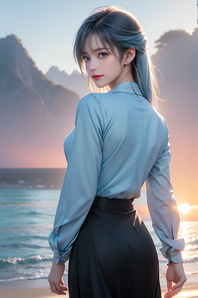 RAW PHOTO, 独奏, alone, Elegant mature woman, Light blue hair, Very long hair, bangs, Black tight skirt, blouse, (turn back:1.4), Light jacket, Soft Light, high quality, 4K resolution, (walking alone on the beach:1.3), (summer sunset:1.2), smile, (upper body), (active posing:1.1),