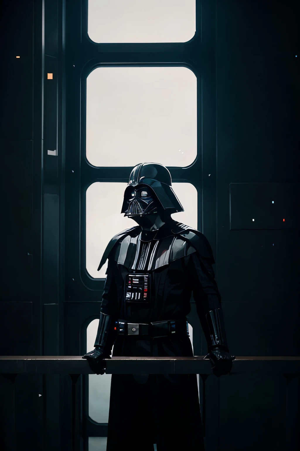 Darth Vader on the bridge of the death star. he faces directly toward us and holds both hands shoulder wide apart at waist level. A huge window behind him displays stars and blackness.