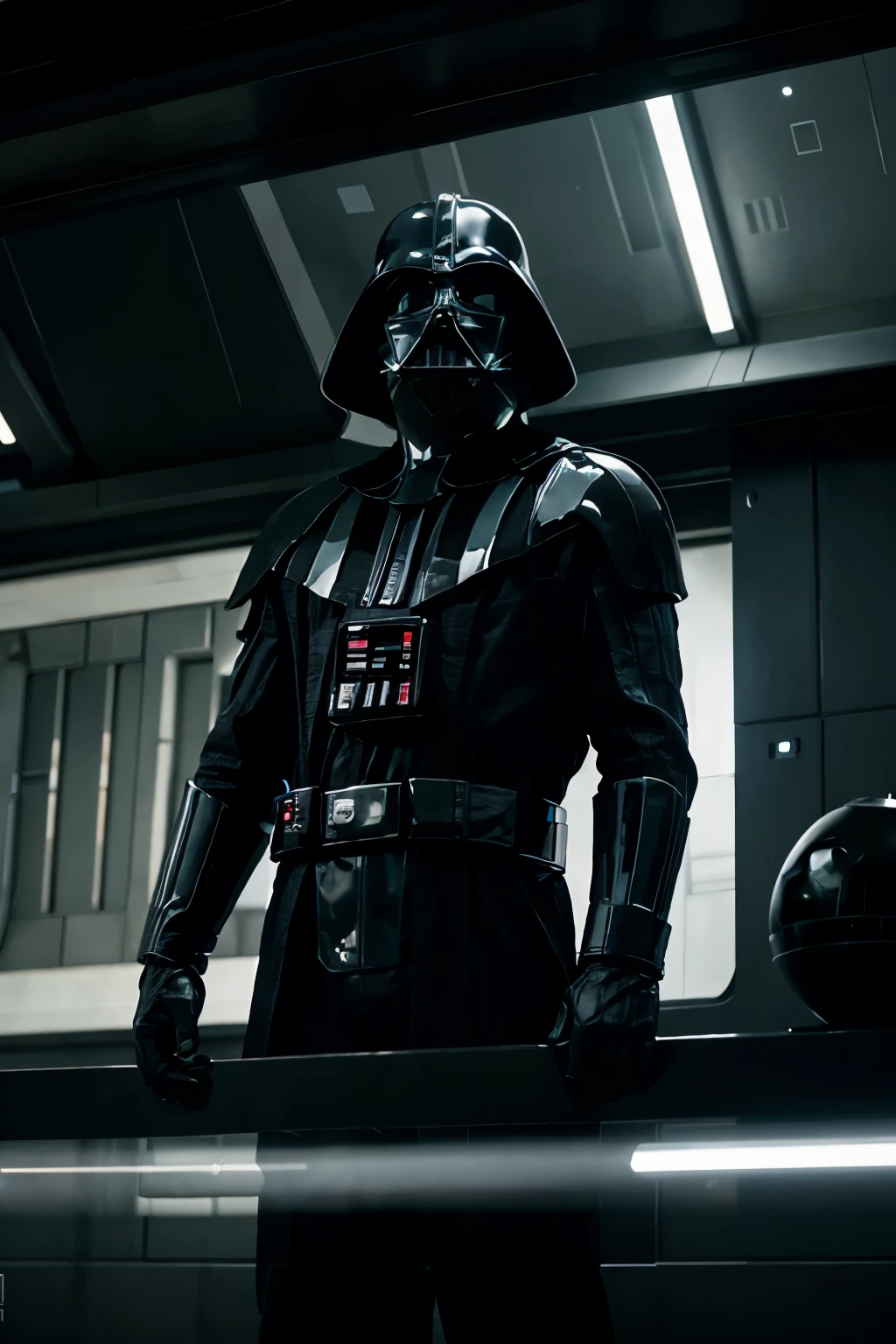 Darth Vader on the bridge of the death star. he faces directly toward us and holds both hands shoulder wide apart at waist level. A huge window behind him displays stars and blackness.