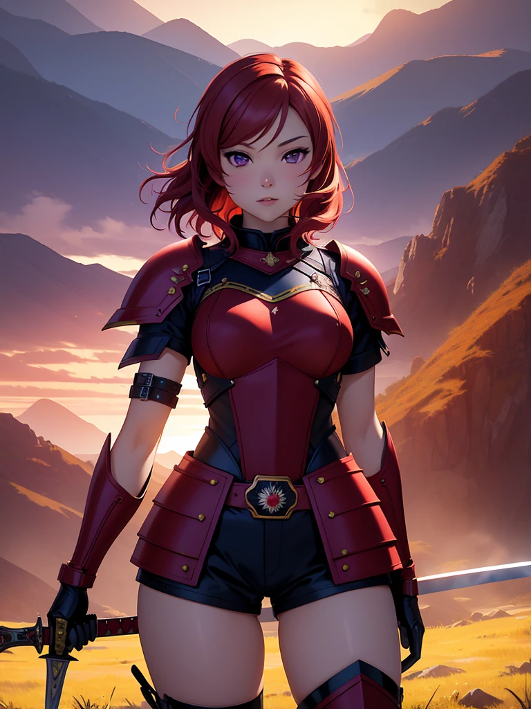 (Masterpiece, Best Quality, High Quality), facing viewer,volumetric lighting, illustration, beautiful, perfect lighting, perfect shadows,Nishikino maki , cowboy shot, (armor:1.2), short shorts, thighs, solo, purple eyes ,red hair ,in mountains,under moonlight, dynamic pose, holding sword