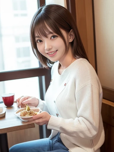 Japanese female, (underweight), (medium bust best quality:1.5), 30 years old, (cheerful grin:1.3),
Izakaya in town, food photo, happy, (having a meal:1.3), sitting, (white sweater), (red jeans), Japanese, chill atmosphere, (full body shot:1.2), soft lighting